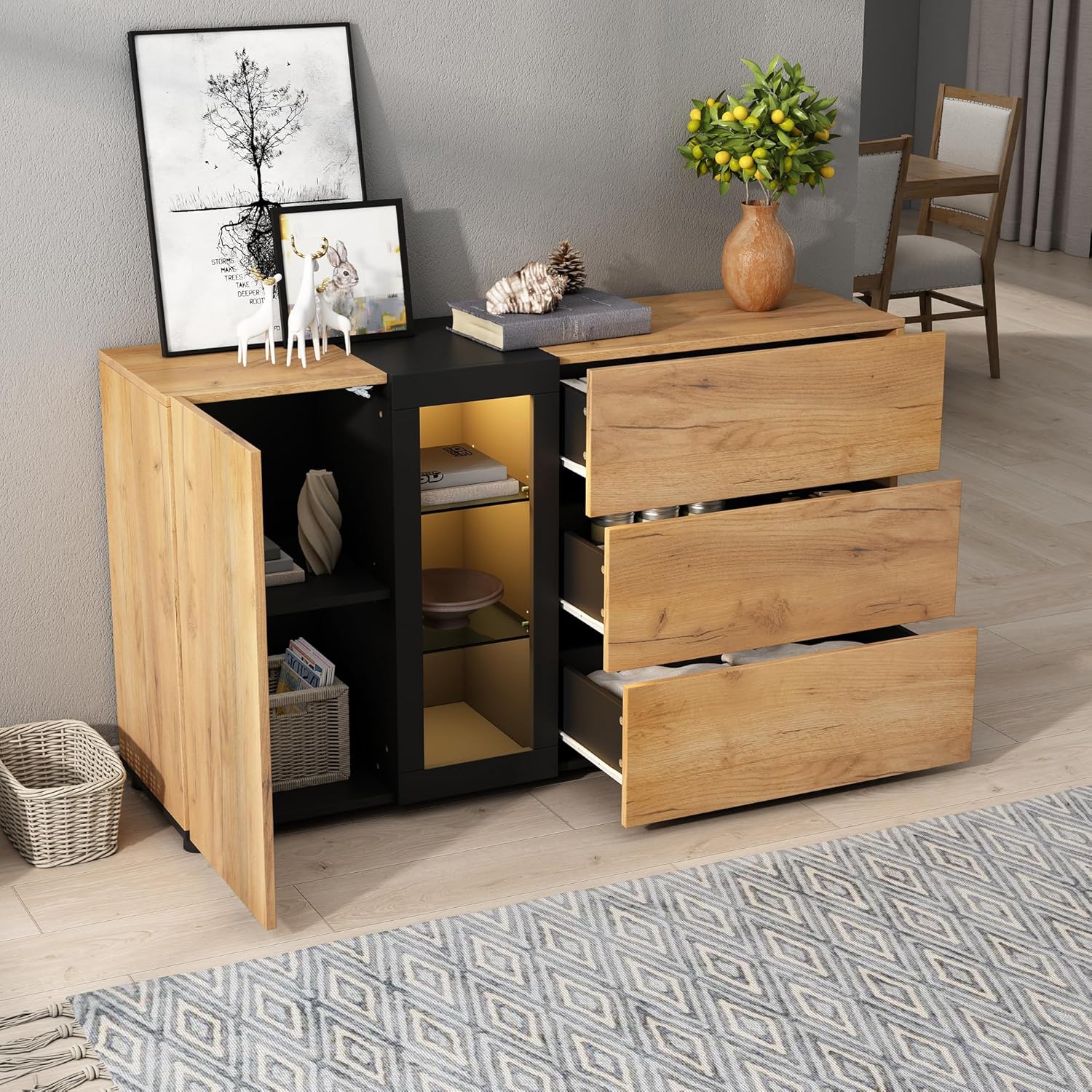 Merax Sideboard mit LED-Vitrine, Modern Buffetschrank Kommode mit 1 Türen, 3 Schubladen, Glasböden, Wohnzimmerschrank, Standschrank, TV-Schrank, Küchenschrank für Wohnzimmer Esszimmer, Braun & Schwarz — Ansicht 3