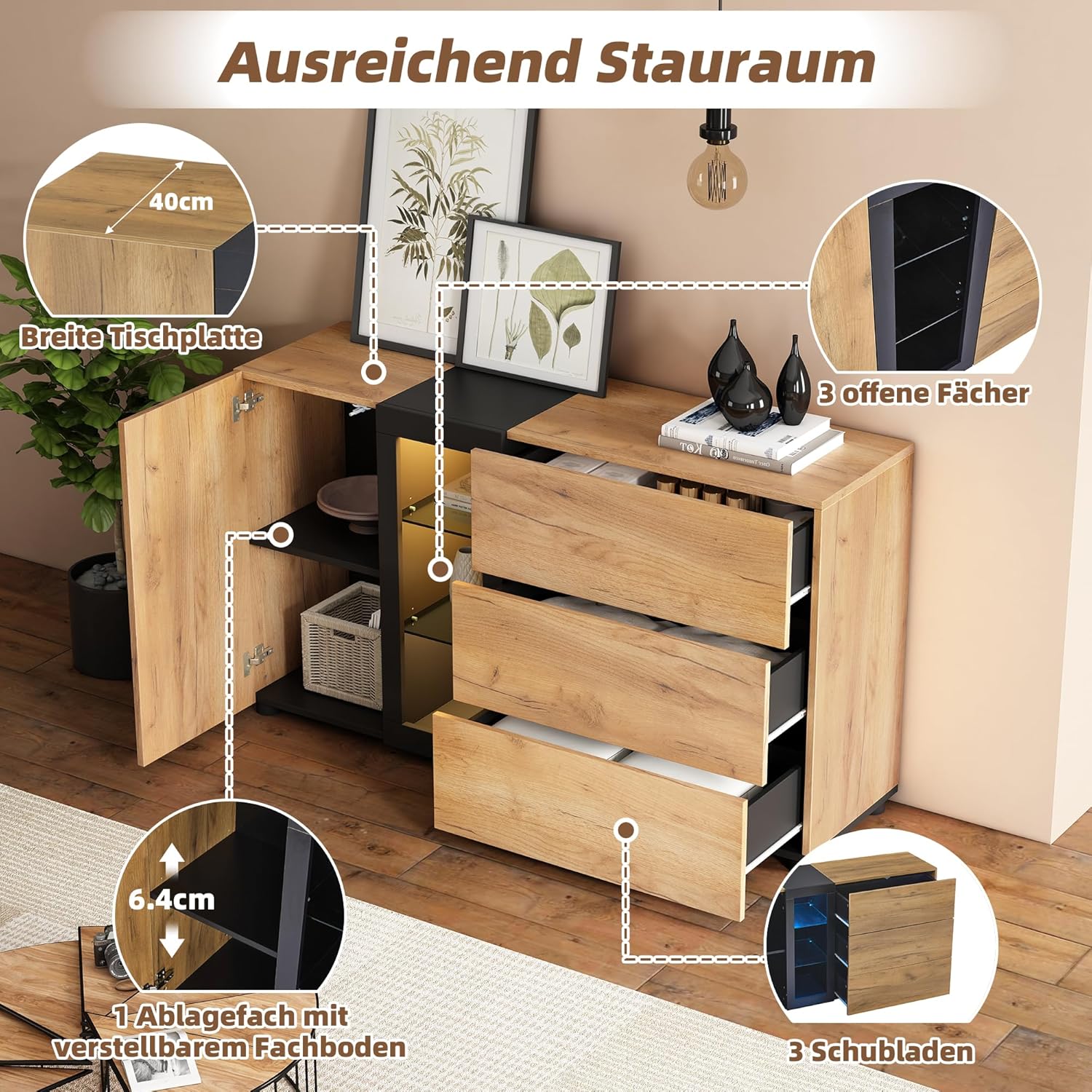 Merax Sideboard mit LED-Vitrine, Modern Buffetschrank Kommode mit 1 Türen, 3 Schubladen, Glasböden, Wohnzimmerschrank, Standschrank, TV-Schrank, Küchenschrank für Wohnzimmer Esszimmer, Braun & Schwarz — Ansicht 5
