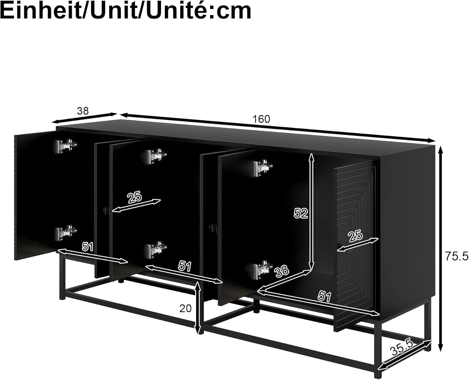 Merax Sideboard Schwarz Matt mit 3 Doppeltüren – Aufbewahrungsschrank mitKratzfester Oberfläche & Metallfüßen – Kommode für Wohnzimmer, Esszimmer, Flur & Büro - 160x38x75,5cm — Ansicht 2