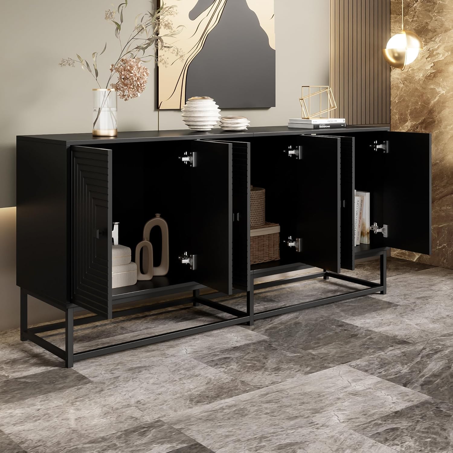 Merax Sideboard Schwarz Matt mit 3 Doppeltüren – Aufbewahrungsschrank mitKratzfester Oberfläche & Metallfüßen – Kommode für Wohnzimmer, Esszimmer, Flur & Büro - 160x38x75,5cm — Ansicht 4