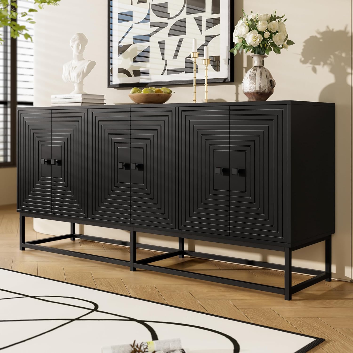 Merax Sideboard Schwarz Matt mit 3 Doppeltüren – Aufbewahrungsschrank mitKratzfester Oberfläche & Metallfüßen – Kommode für Wohnzimmer, Esszimmer, Flur & Büro - 160x38x75,5cm — Ansicht 6