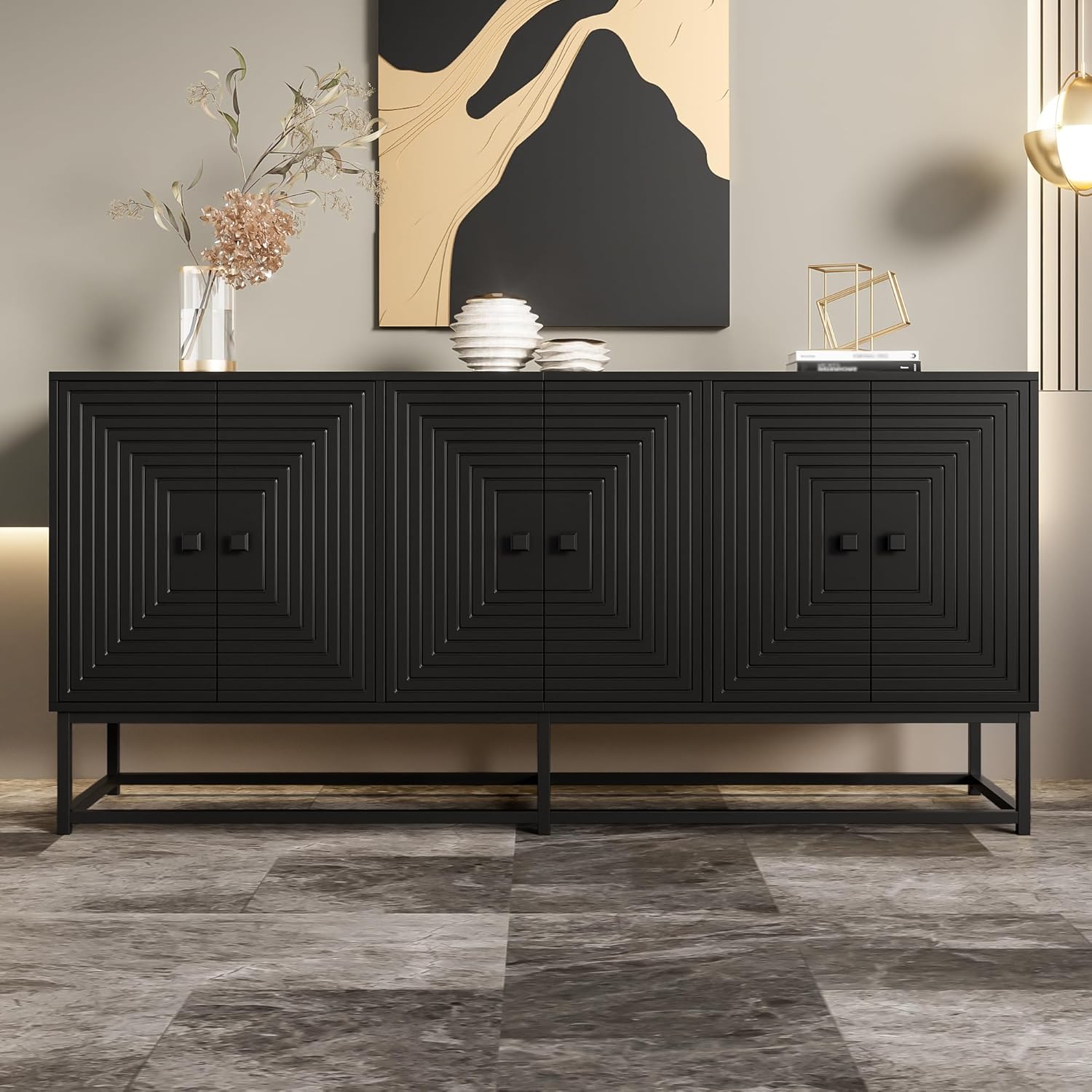 Merax Sideboard Schwarz Matt mit 3 Doppeltüren – Aufbewahrungsschrank mitKratzfester Oberfläche & Metallfüßen – Kommode für Wohnzimmer, Esszimmer, Flur & Büro - 160x38x75,5cm