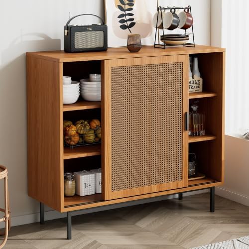 Merax Sideboard – Stabiler Kommodenschrank mit Rattan-Schiebetüren, 50 kg Tragkraft, Walnuss, 100 cm – Praktischer Aufbewahrungsschrank für Wohnzimmer oder Küche — Ansicht 5