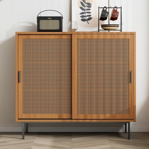 Merax Sideboard – Stabiler Kommodenschrank mit Rattan-Schiebetüren, 50 kg Tragkraft, Walnuss, 100 cm – Praktischer Aufbewahrungsschrank für Wohnzimmer oder Küche