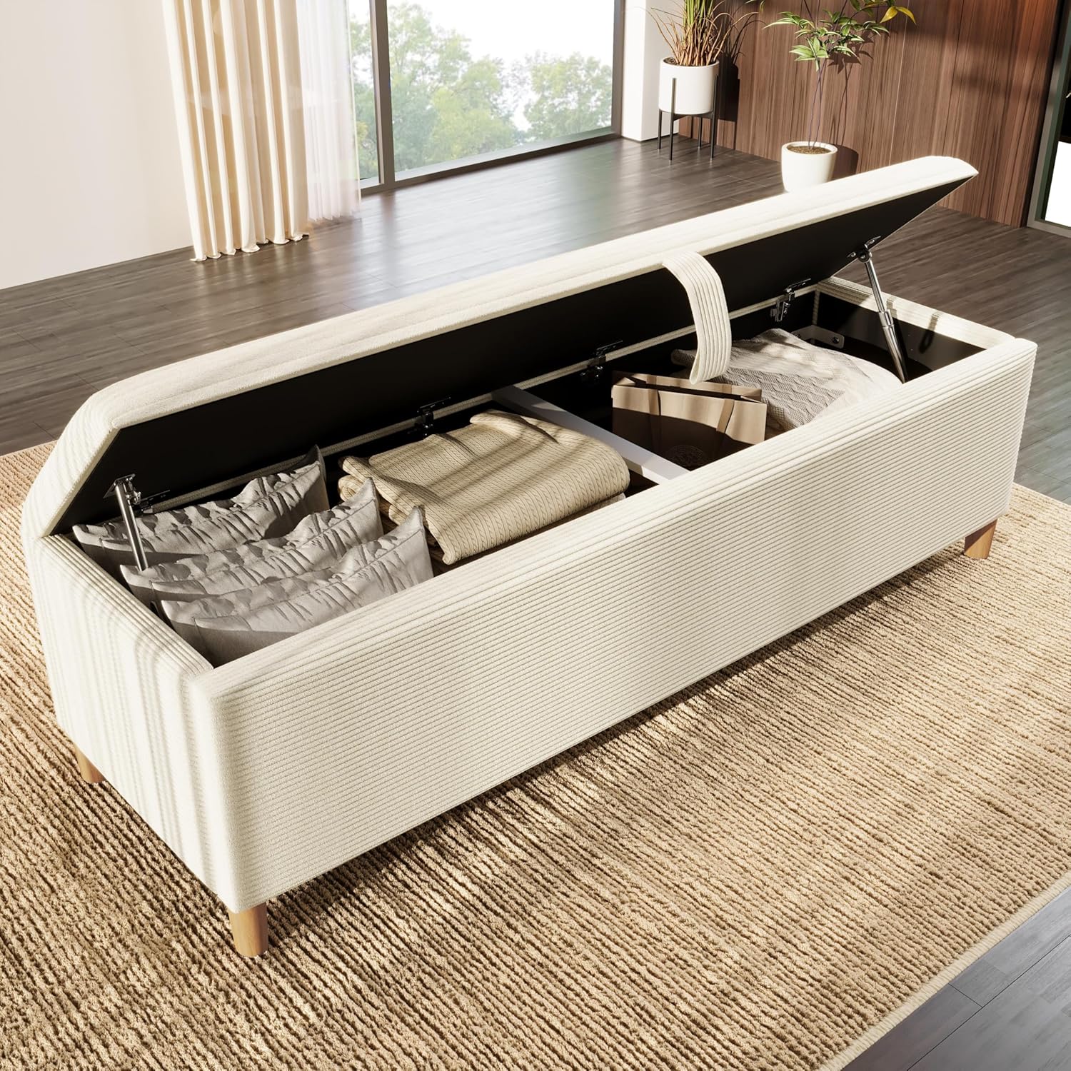 Merax Sitzbank mit Stauraum 165cm, Bettbank Polsterbank Fußbank, Mit Gasdruckfeder hochklappen, Aufbewahrungsbox mit stabilen Holzbeinen, Sofabank fur Flur, Schlafzimmer, Wohnzimmer, Cord-Optik, Beige — Ansicht 3