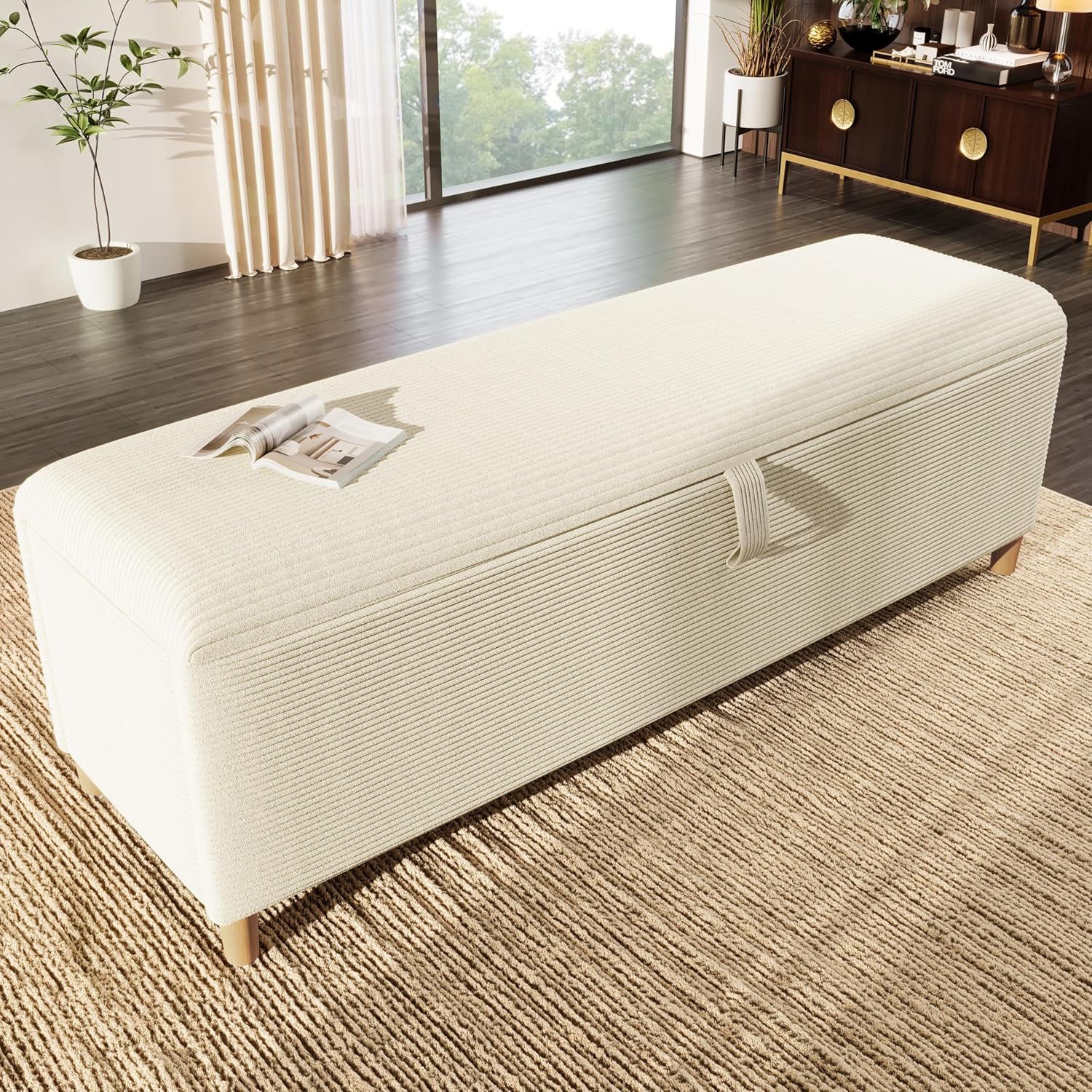 Merax Sitzbank mit Stauraum 165cm, Bettbank Polsterbank Fußbank, Mit Gasdruckfeder hochklappen, Aufbewahrungsbox mit stabilen Holzbeinen, Sofabank fur Flur, Schlafzimmer, Wohnzimmer, Cord-Optik, Beige