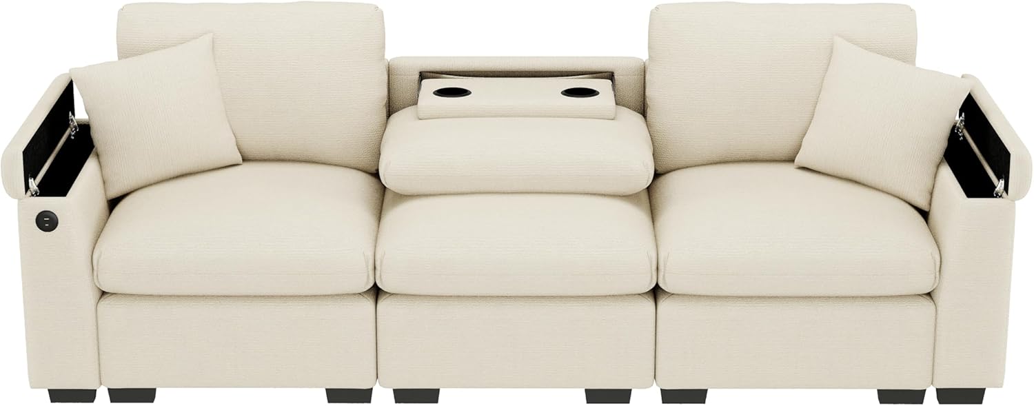 Merax Sofa 3-Sitzer Couch, Multifunktionales Design, mit klappbarer Rückenlehne und Getränkehalter, verstecktem Stauraum, USB-Anschluss, aus Chenille, für Wohnzimmer/Büros/Heimkinos, Beige — Ansicht 5