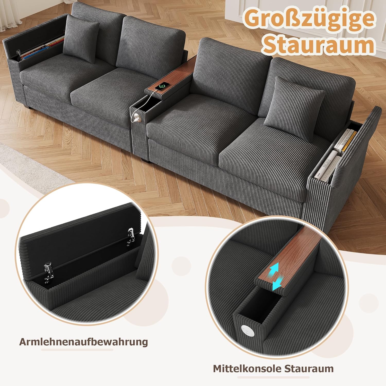Merax Sofa 4 Sitzer Modern Couch mit klappbarer Mittelarmlehne, verstecktem Stauraum und USB/USB-C Ladefunktion, Cordstoff, für Wohnzimmer/Schlafzimmer/Gästezimmer, Grau — Ansicht 4