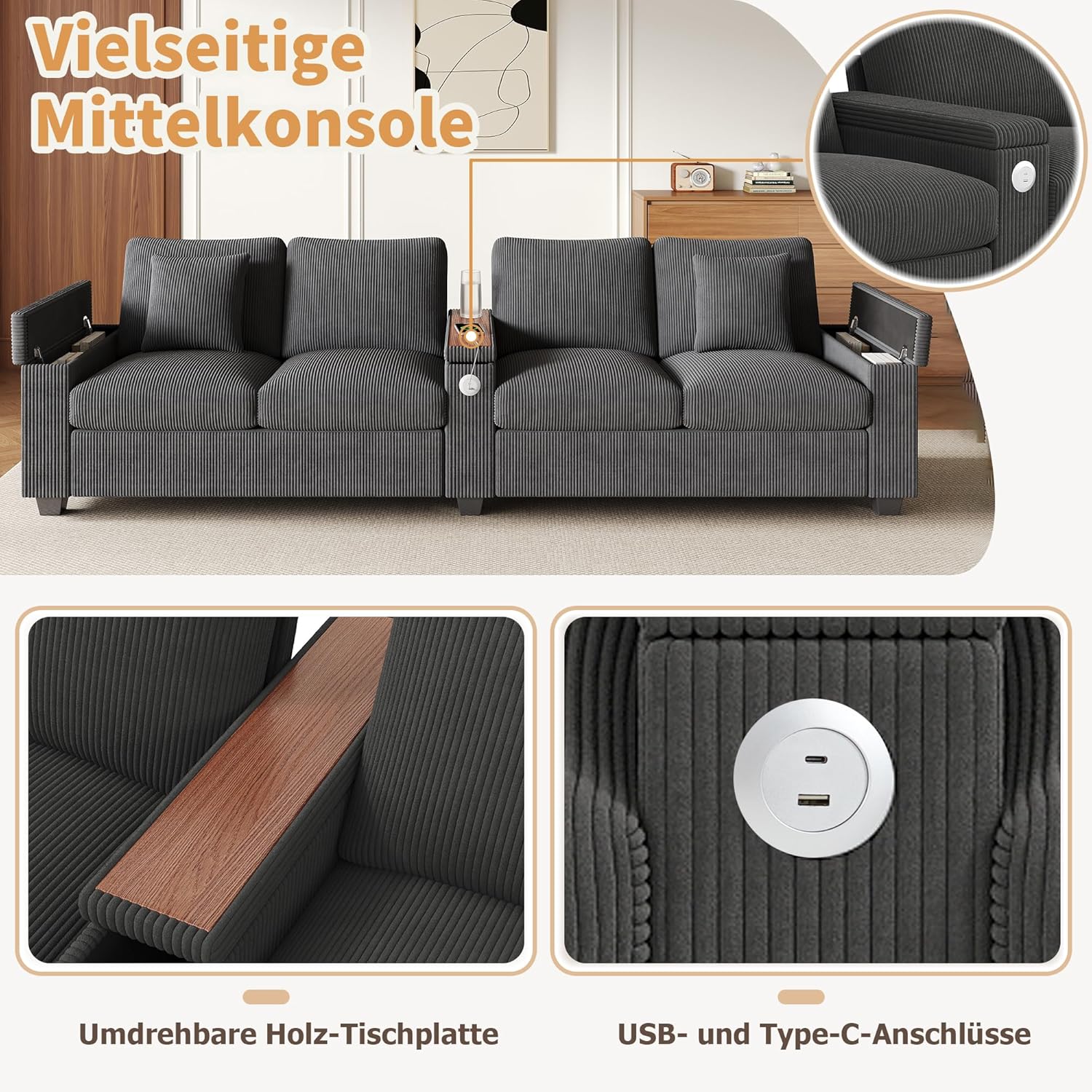 Merax Sofa 4 Sitzer Modern Couch mit klappbarer Mittelarmlehne, verstecktem Stauraum und USB/USB-C Ladefunktion, Cordstoff, für Wohnzimmer/Schlafzimmer/Gästezimmer, Grau — Ansicht 5