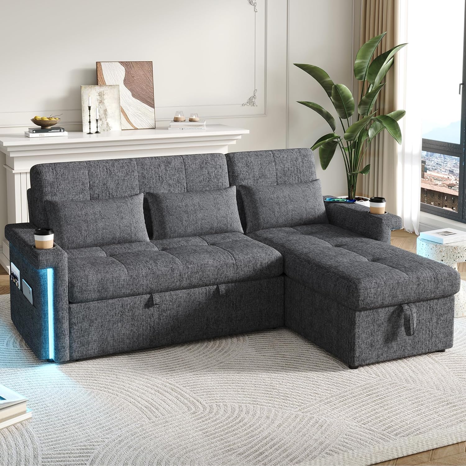 Merax Sofa Ecksofa mit Schlaffunktion, Schlafsofa mit Bettkasten und Verstellbarer Rückenlehne, Praktisches Eckcouch L-Form mit Stauraum, LED-Beleuchtung, USB-Steckdose und 2 Getränkehalter, Grau — Ansicht 3
