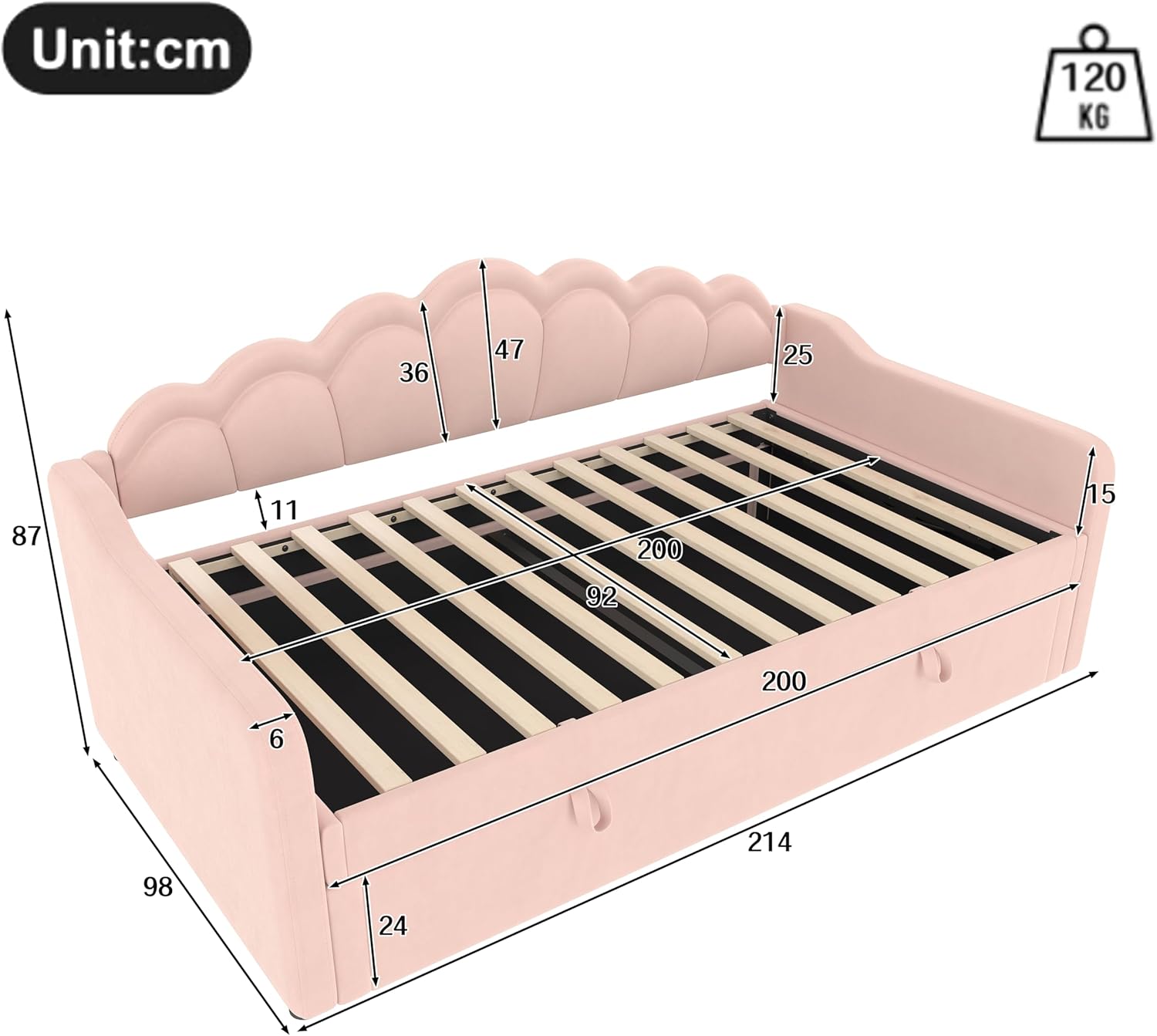 Merax Tagesbett 90x200 cm Schlafsofa mit Hydraulischem Stauraum, Farbwechselbarem LED-Streifen, Bettrahmen mit Lattenrost (ohne Matratze), Samt, Rosa — Ansicht 2