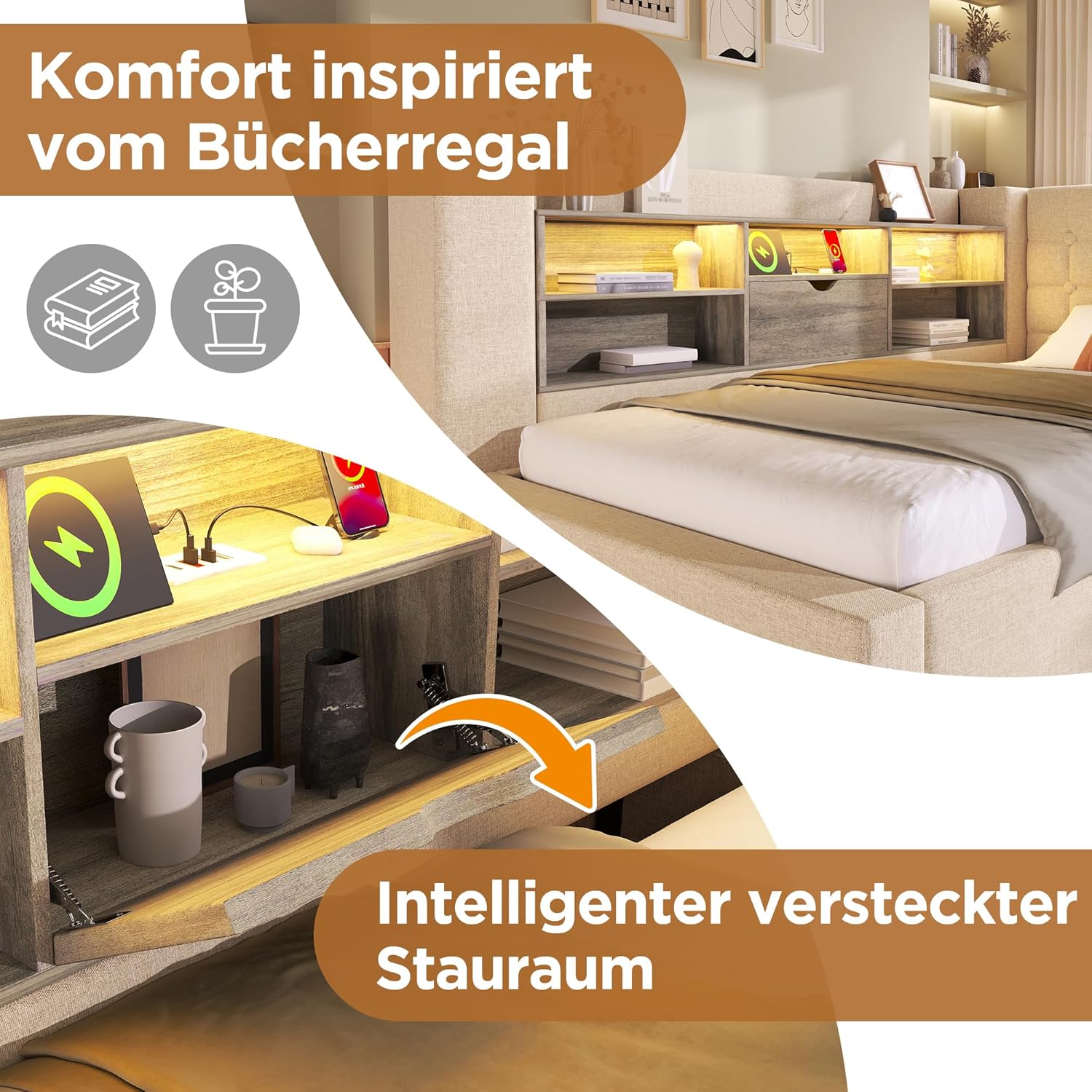 Merax Tagesbett 90x200cm, Polsterbett mit hydraulischem Stauraum, Einzelbett mit LED & Ladestation, L-förmigem Jugendbett mit Ablagefach, Lattenrost, Funktionsbett, Leinenstoff, ohne Matratze, Beige — Ansicht 6