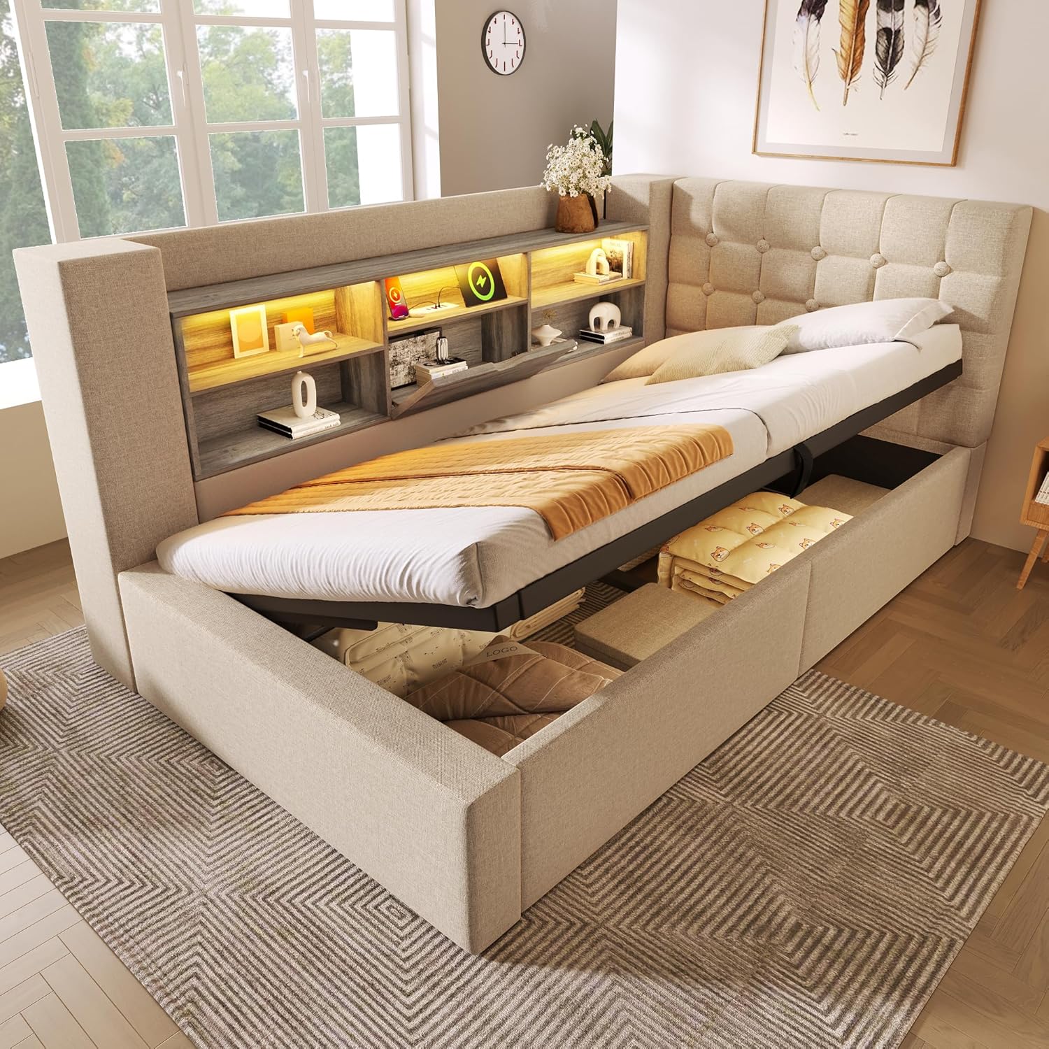 Merax Tagesbett 90x200cm, Polsterbett mit hydraulischem Stauraum, Einzelbett mit LED & Ladestation, L-förmigem Jugendbett mit Ablagefach, Lattenrost, Funktionsbett, Leinenstoff, ohne Matratze, Beige