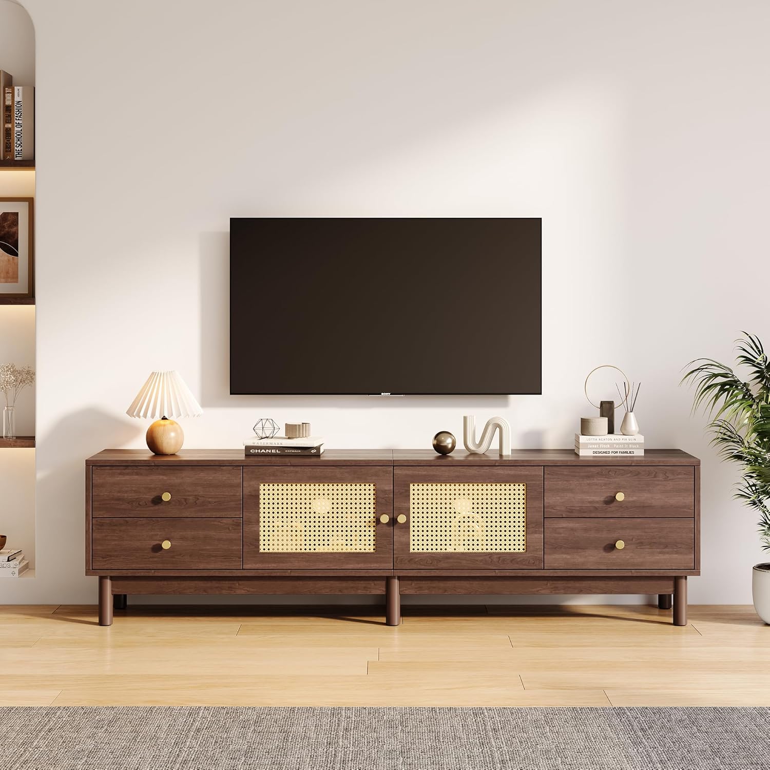 Merax TV Board 180 cm Lowboard, TV Schrank Holz Dunkel, Fernsehtisch mit Kabelmanagement, TV Kommode für 80 Zoll, Lowboard Wohnzimmer mit hydraulischen Scharnieren — Ansicht 4
