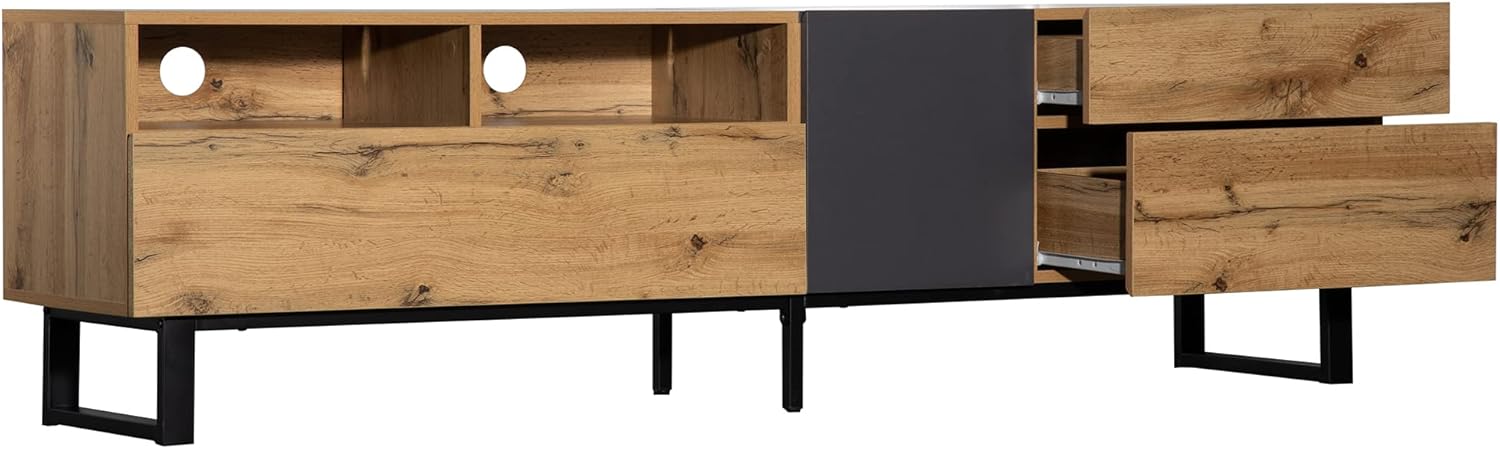 Merax TV Lowboard 180 cm Schwarz Wildeiche, TV Bank, TV Schrank mit 2 Schließfach und 2 Schublade, Vintage Industrial, Fernsehtisch TV Board Rack, für Wohnzimmer und Esszimmer, 180 x 38 x 50 cm — Ansicht 4