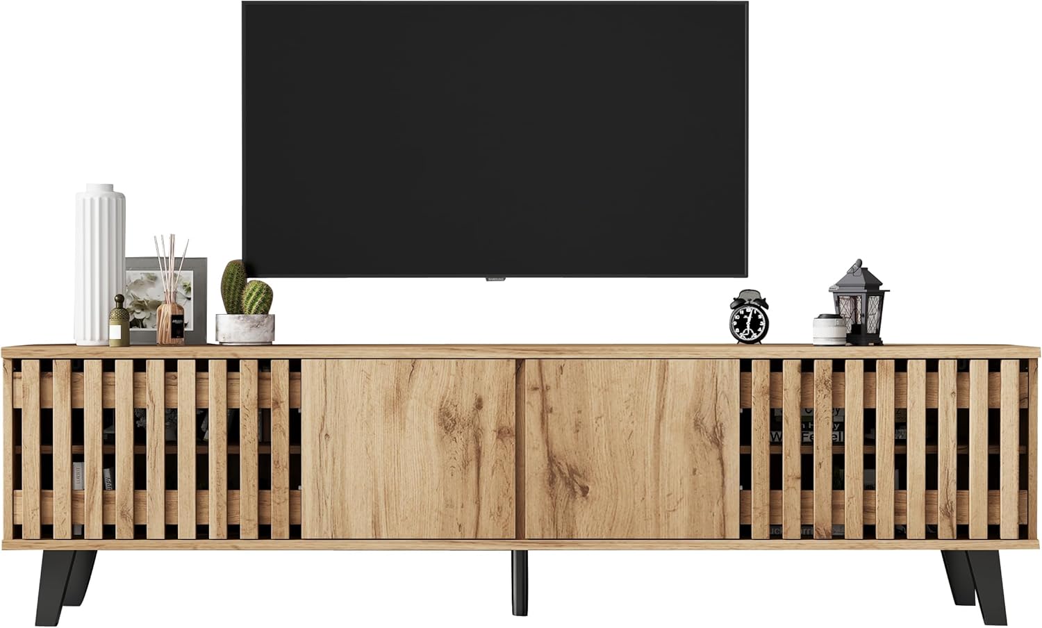 Merax TV Schrank 180cm, Fernsehtisch, Lowboard mit 4 Schränken für 70-Zoll-Fernseher, Durchbrochene Schranktüren, TV Kommode, HiFi-Schrank für Wohnzimmer/Schlafzimmer, Landhausstil, Original Holzfarbe — Ansicht 5
