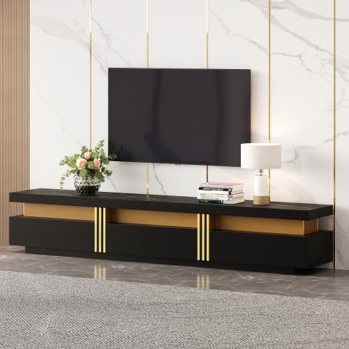 Merax TV Schrank 200 cm – Schwarz, Lowboard mit Marmor-Optik, 3 Schubladen und Kabelmanagement, TV Board für Fernseher bis 90 Zoll, Wohnwand für Wohnzimmer