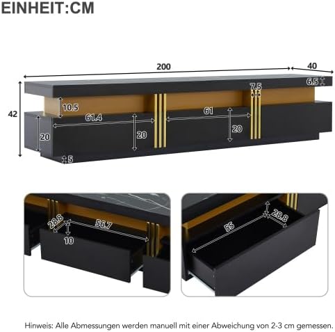 Merax TV Schrank 200 cm – Schwarz, Lowboard mit Marmor-Optik, 3 Schubladen und Kabelmanagement, TV Board für Fernseher bis 90 Zoll, Wohnwand für Wohnzimmer — Ansicht 2