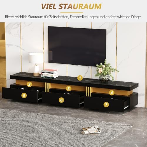 Merax TV Schrank 200 cm – Schwarz, Lowboard mit Marmor-Optik, 3 Schubladen und Kabelmanagement, TV Board für Fernseher bis 90 Zoll, Wohnwand für Wohnzimmer — Ansicht 4