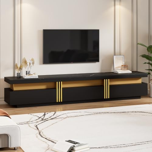 Merax TV Schrank 200 cm – Schwarz, Lowboard mit Marmor-Optik, 3 Schubladen und Kabelmanagement, TV Board für Fernseher bis 90 Zoll, Wohnwand für Wohnzimmer — Ansicht 5