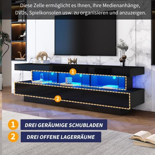 Merax TV Schrank mit LED-Beleuchtung, Lowboard für Fernseher bis 70 Zoll, modernes Wohnwand Design, TV Board für Wohnzimmer, Schwarz Hochglanz mit Glasfächern — Ansicht 4