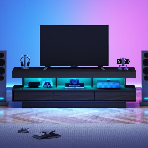 Merax TV Schrank mit LED-Beleuchtung, Lowboard für Fernseher bis 70 Zoll, modernes Wohnwand Design, TV Board für Wohnzimmer, Schwarz Hochglanz mit Glasfächern