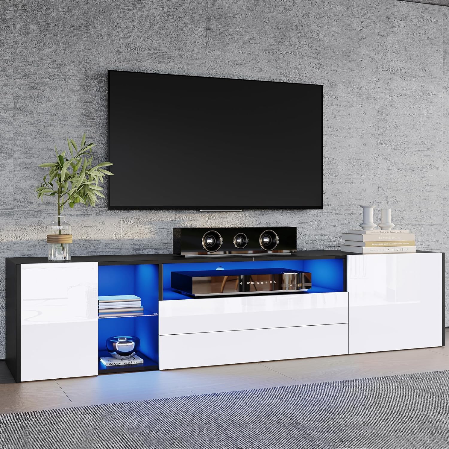 Merax TV-Schrank mit LED, Fernsehschrank Hochglanz mit 2 Türen und 2 Schubladen, TV-ständer für Fernseher bis zu 75 Zoll, TV Lowboard für Wohnzimmer, Schlafzimmer, Esszimmer, 180cm, Schwarz & Weiß