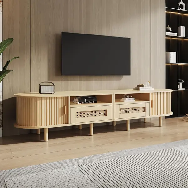TV Schrank Ovaler in Holzfarbe – 2 Rattan-Schubladen