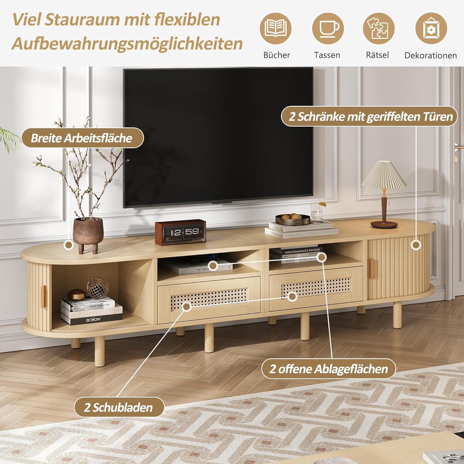 Merax TV Schrank Ovaler in Holzfarbe, Lowboard Fernsehtisch mit 2 Schiebetüren, 2 Rattan-Schubladen, TV-Regal für Fernseher bis zu 70 Zoll, Landhausstil Sideboard Fernsehschrank für Wohnzimmer, 170cm — Ansicht 5