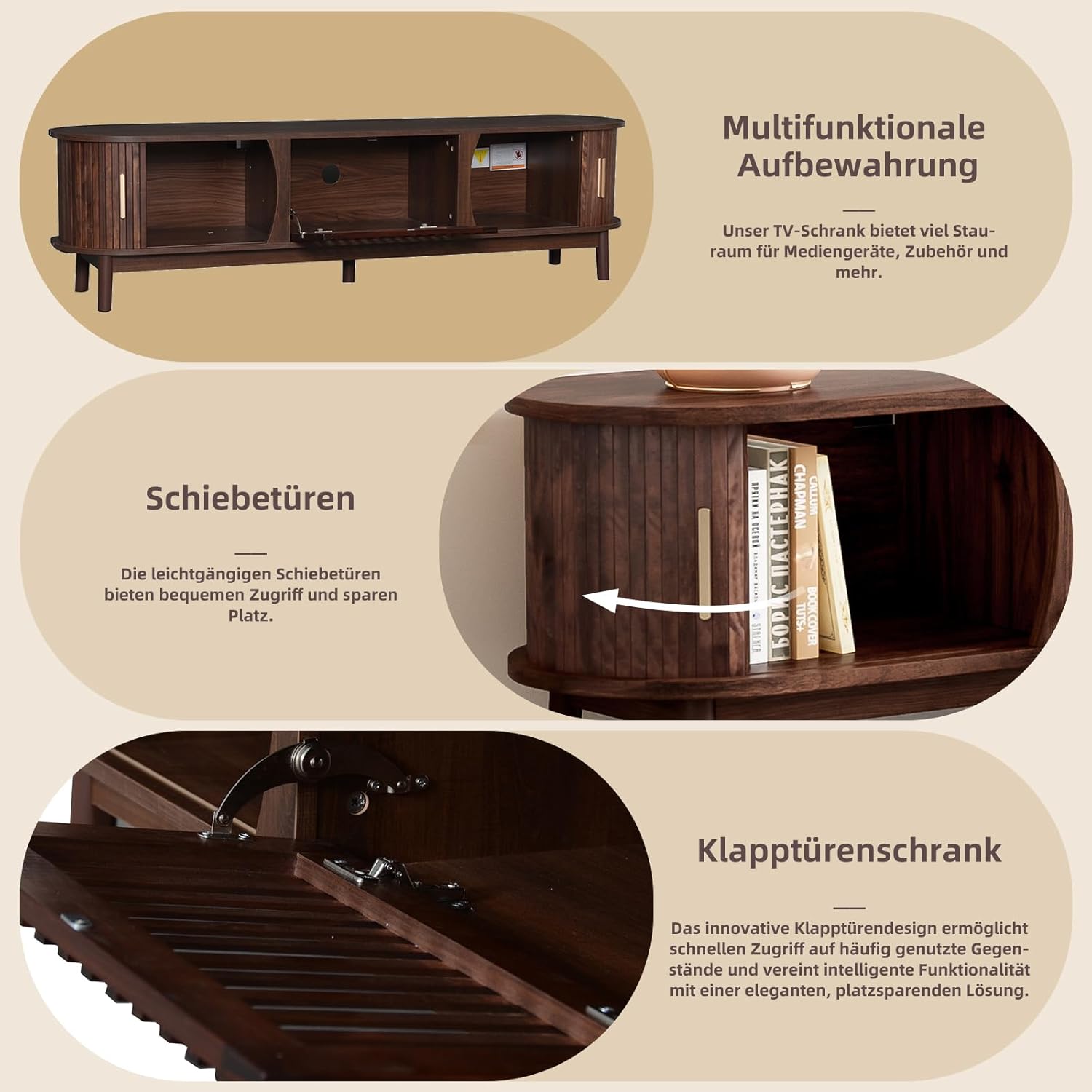 Merax TV-Schrank Retro TV-Lowboard mit offenen Fächern Schiebetür und Klapptür – 3 Stauräumen & großer Plattform – 165 x 39,5 x 46 cm – Stabiler MDF Fernsehschrank Brauner — Ansicht 5