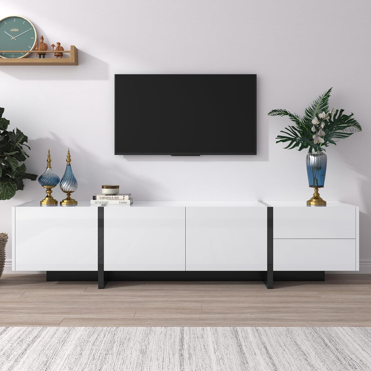 Merax TV Schrank, TV Lowboard mit Schubladen, Moderner Fernsehtisch mit Stauraum, TV Tisch für Wohnzimmer und Esszimmer, Weiß, 190 x 35 x 45 cm — Ansicht 5