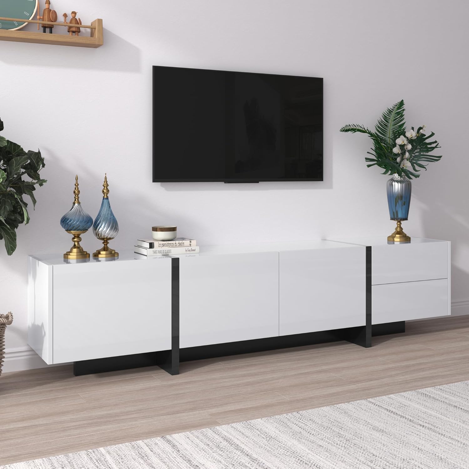 Merax TV Schrank, TV Lowboard mit Schubladen, Moderner Fernsehtisch mit Stauraum, TV Tisch für Wohnzimmer und Esszimmer, Weiß, 190 x 35 x 45 cm — Ansicht 6