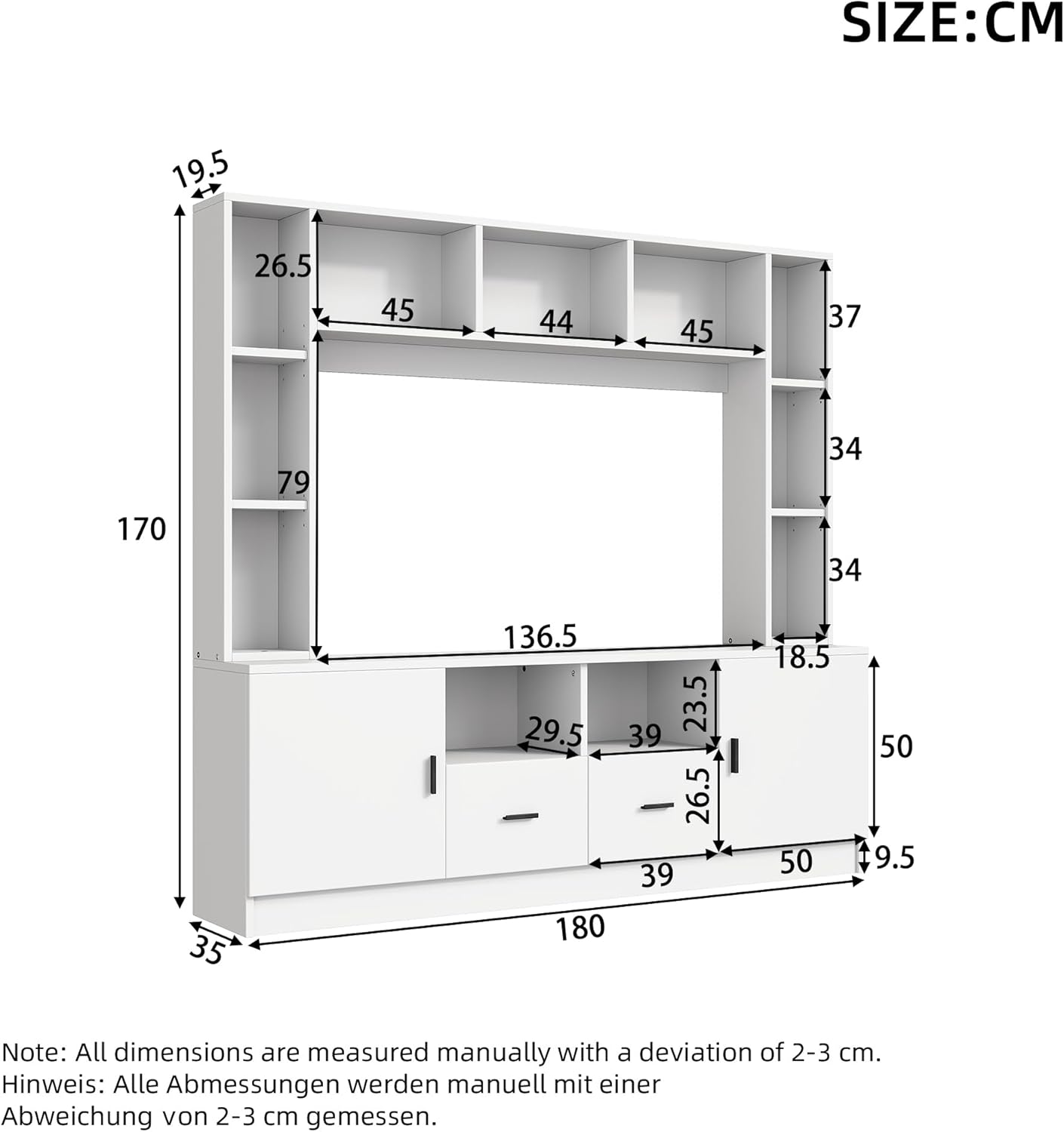 Merax TV Wohnwand-Set, Anbauwand, Mediawand mit TV Lowboard & Wandregale, TV-Schrank mit 2 Schränke, 2 Schubladen, Offene Regale, Elegante Schrankwand, Wohnzimmermöbel Komplett, TV bis 60-Zoll, Weiß — Ansicht 4