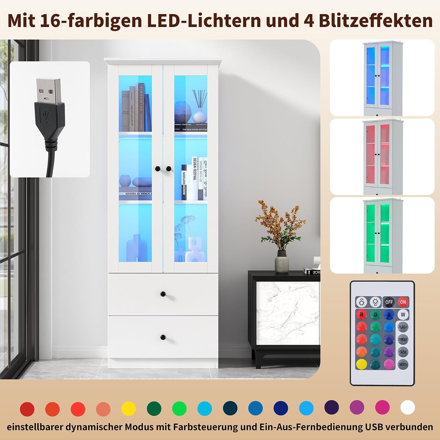 Merax Vitrine mit LED-Lichtern, Glasvitrine mit Schubladen und verstellbaren Fachböden, Modern Vitrinenschrank Bücherschrank Sammlervitrine, Hochschränk für Küchen Wohnzimmer Schlafzimmer Büro, Weiß — Ansicht 5