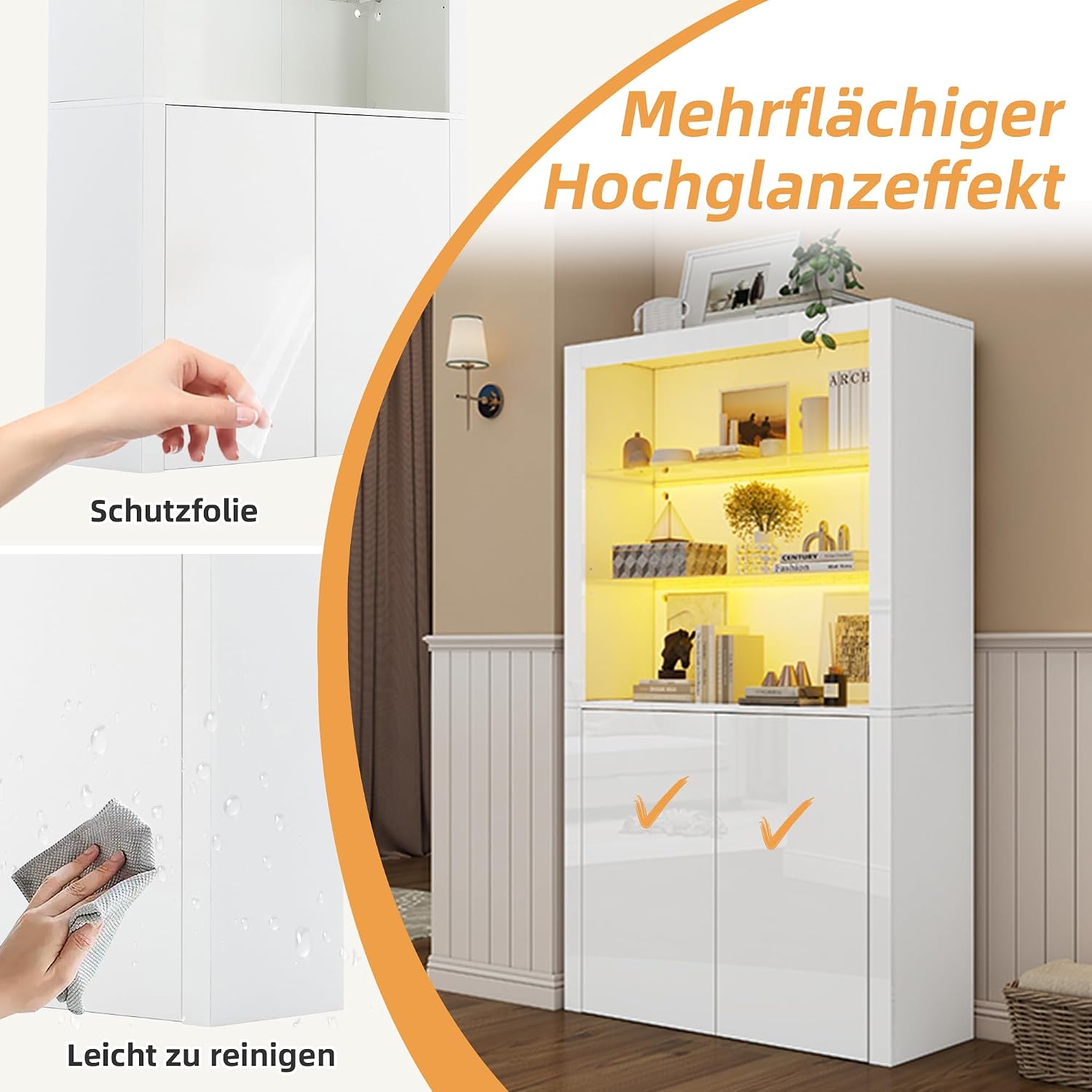 Merax Vitrinenschrank mit LED Beleuchtung, Hochschrank Hochglanz Weiß mit 2 Türen und 2 Glasböden, Bücherschrank Küchenschrank Standschrank, Mehrzweckschrank für Wohnzimmer Schlafzimmer Büro, 170cm — Ansicht 5