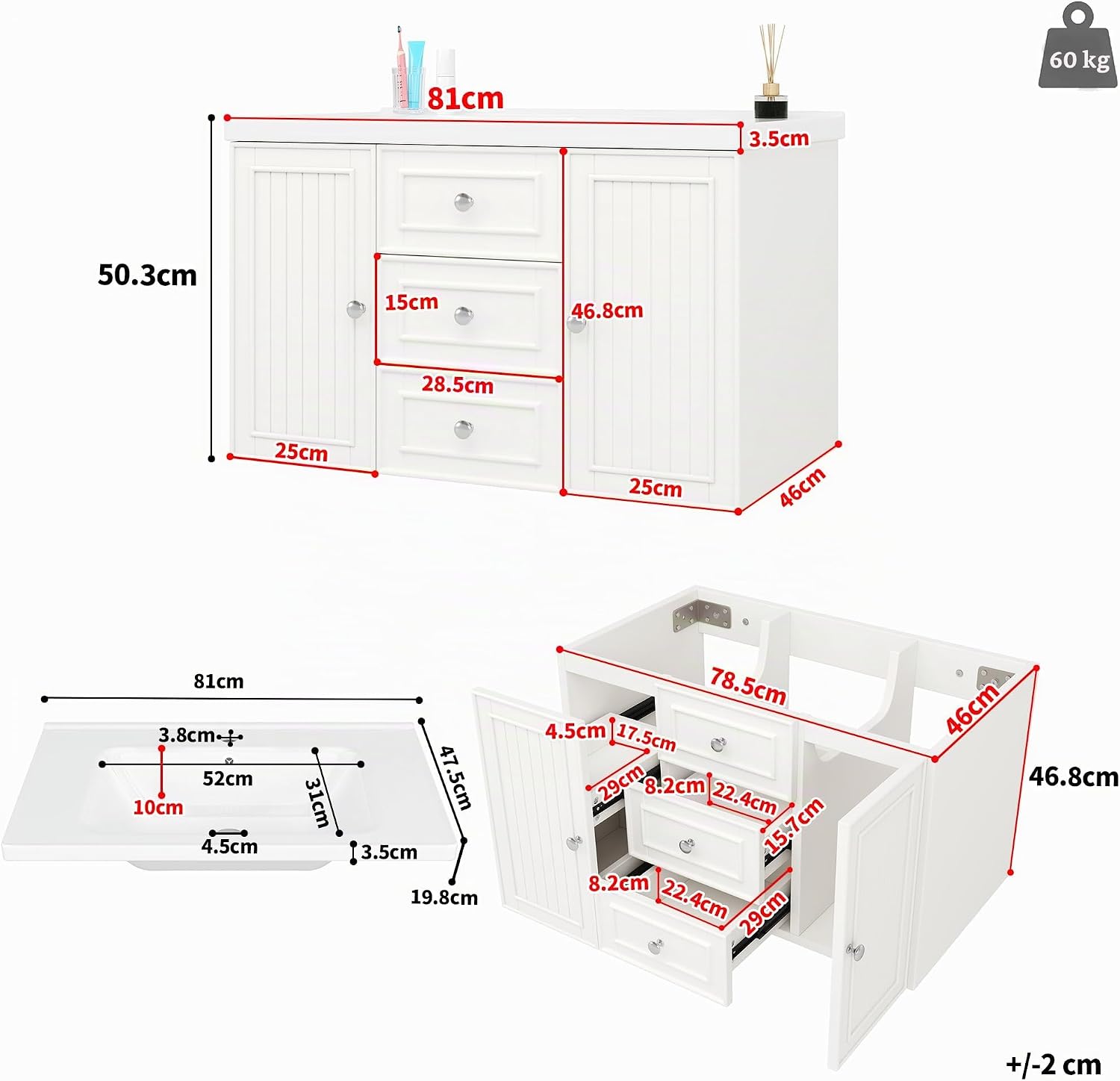 Merax Waschbeckenunterschrank, Unterschrank, Badezimmerschrank, Waschtischunterschrank mit 4 Schubladen und 1 Türen, Hängender Waschtisch, Moderner Stil Badschrank, Badmöbel Set, mit Waschbecken, Weiß — Ansicht 2