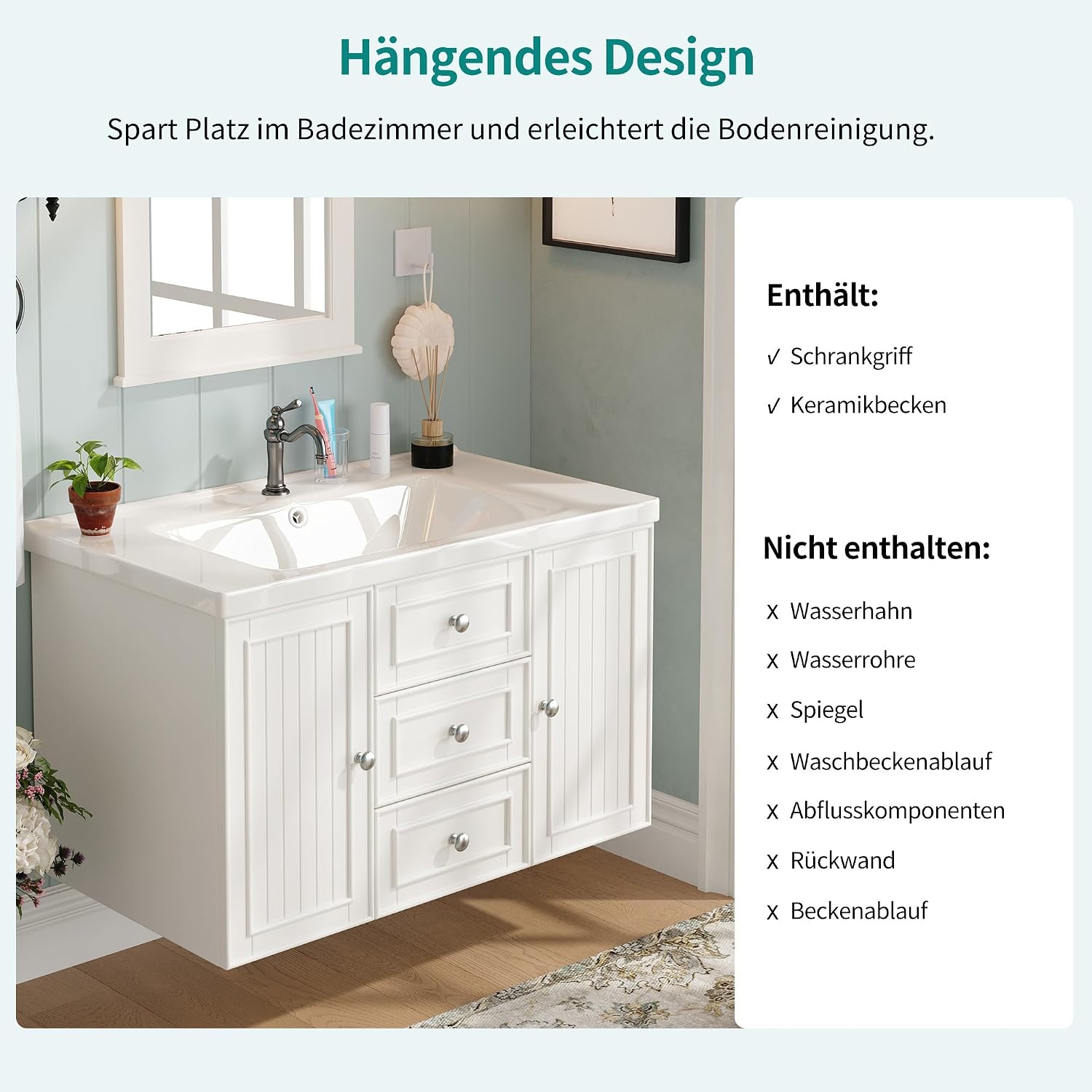 Merax Waschbeckenunterschrank, Unterschrank, Badezimmerschrank, Waschtischunterschrank mit 4 Schubladen und 1 Türen, Hängender Waschtisch, Moderner Stil Badschrank, Badmöbel Set, mit Waschbecken, Weiß — Ansicht 6