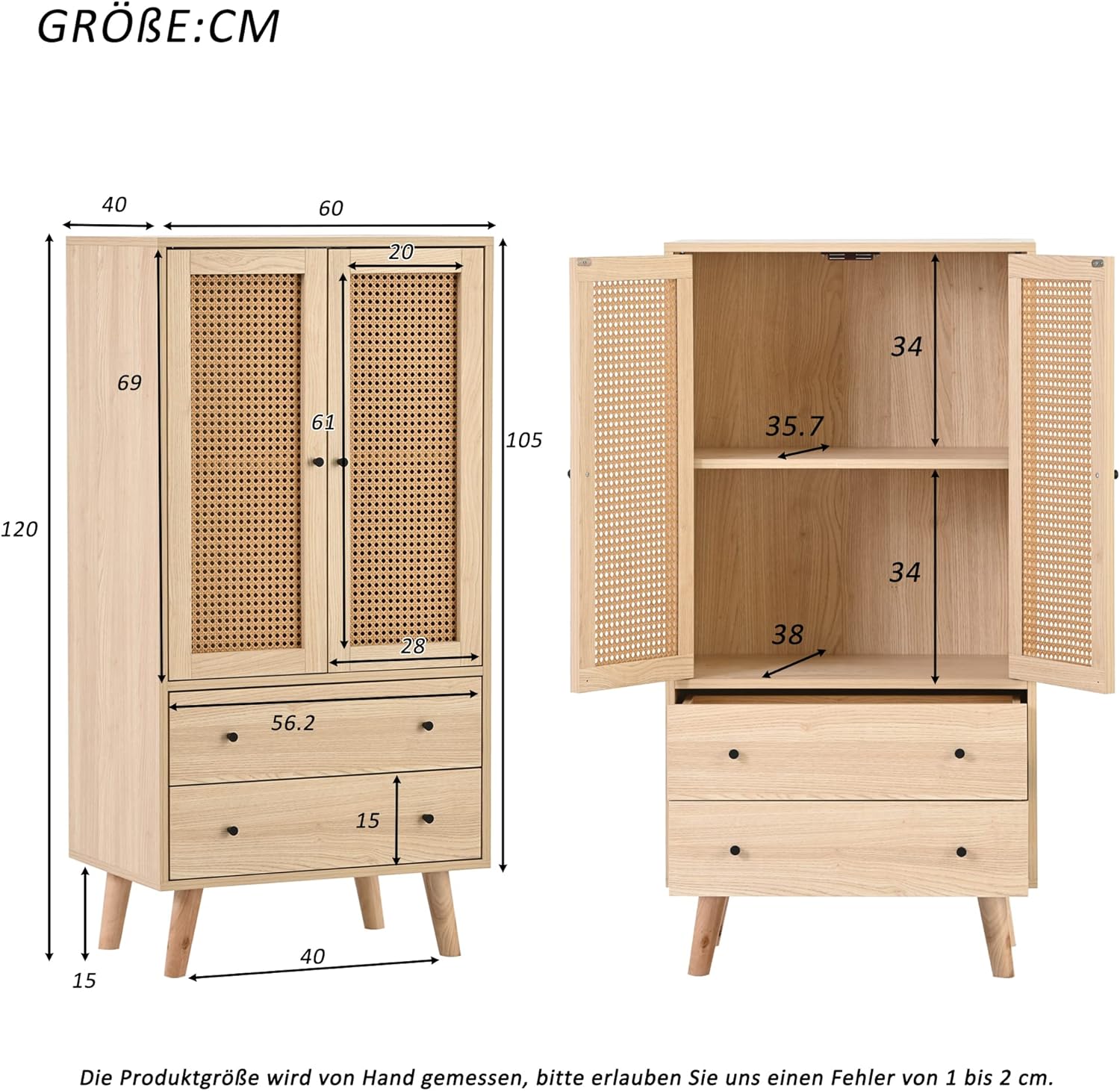 Merax Wohnzimmer Sideboard Kommode mit Türen und Schubladen, großem Stauraum, 60T x 40B x 120H cm, Holz, Wood — Ansicht 2